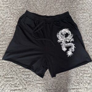 SHEIN Black Shorts with White Dragon Design